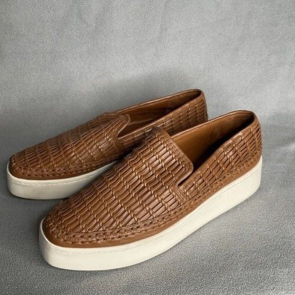 Vince Stafford Brown Woven Platform Slip On Loafer Sneakers Women 8.5M Leather